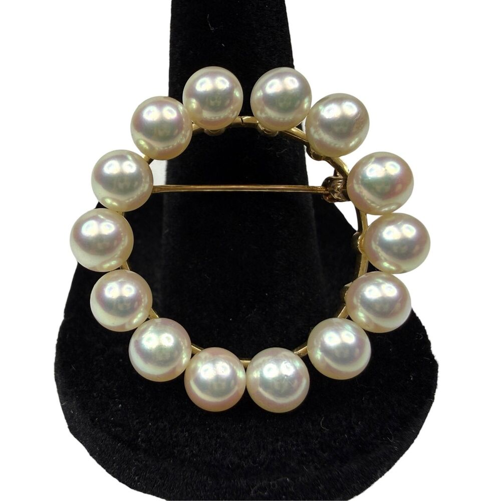 Elegant Vintage 14K Gold JF Cultured Pearl Circle Brooch Pin Classic Jewelry 1"
